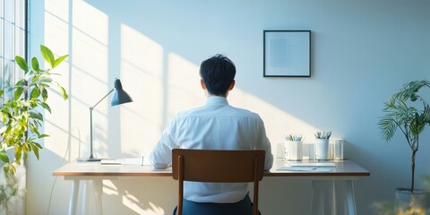 Wall Mural - Man sitting at desk facing away from camera.