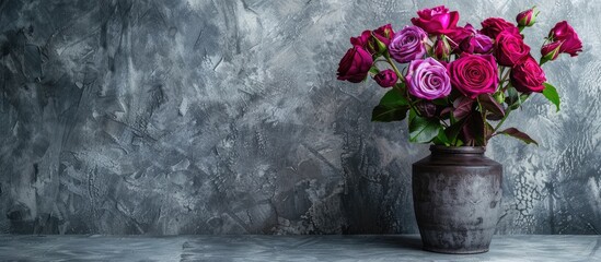 Canvas Print - Artificial flower bouquet in a pot on a table with an old cement wall backdrop featuring purple rose flowers copy space floral home decor Mother s Day still life and a festive background for Women s