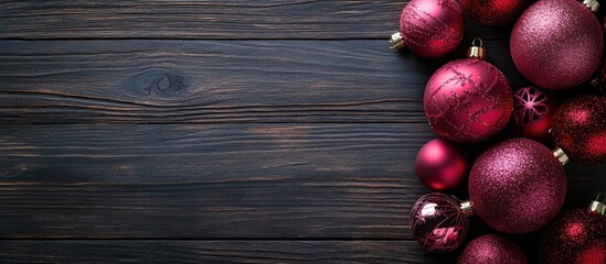 Poster - Red and pink Christmas ornaments on a dark wooden table Top view. with copy space image. Place for adding text or design