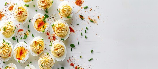 Poster - Classic deviled eggs topped with paprika and chives on a white background Top view copyspace