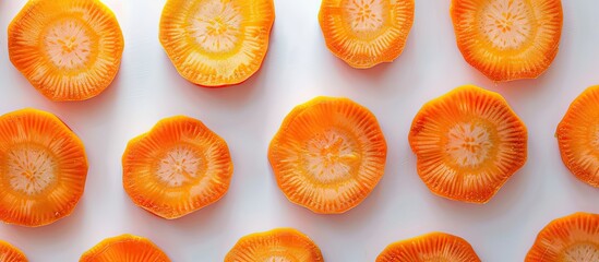 Poster - Whole fresh carrots alongside another that is sliced into pieces isolated on a white background Includes copyspace