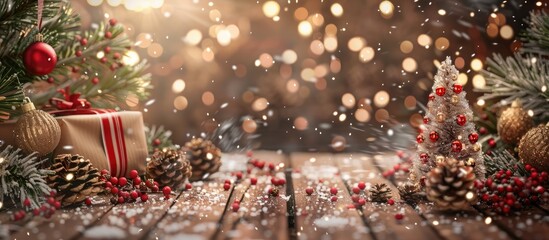 Poster - Christmas holiday backdrop tree and decorations on a wooden table. with copy space image. Place for adding text or design