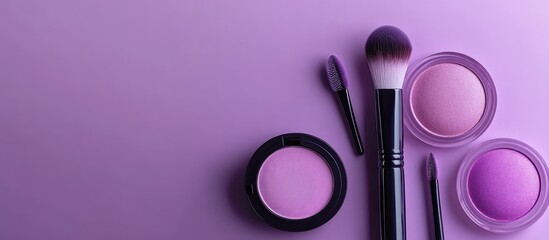 Aufkleber - Makeup concept Top view image Collection of professional decorative cosmetics makeup tools and accessories on a pastel purple background with copyspace