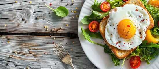 Poster - Nutritious breakfast featuring a fried egg toast and salad on a white wooden table accompanied by a notepad for copyspace