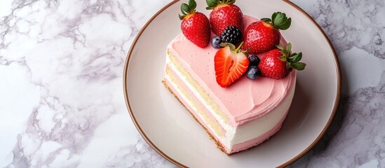 Poster - Top view of a delectable slice of strawberry mousse cake featuring the visible layers with the recipe ingredients positioned over a white background This showcases a restaurant menu and confectionery