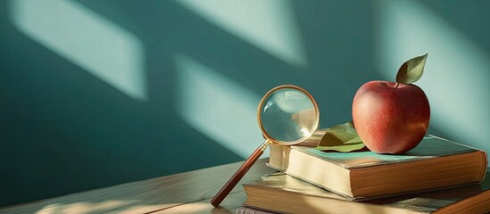 Poster - Back to school stationery magnifying glass pile of books apple on the table home education idea. with copy space image. Place for adding text or design