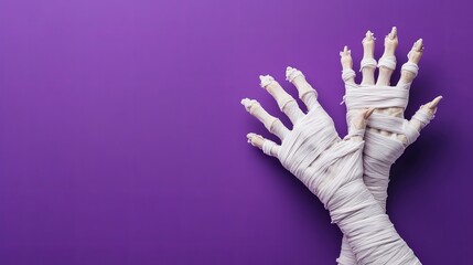 Mummified halloween hands wrapped in bandages against a purple background. Happy halloween banner with copy space