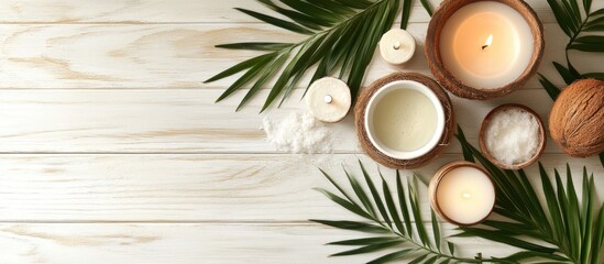 Poster - Coconut spa products on a light wooden surface. with copy space image. Place for adding text or design