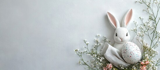 Aufkleber - Festive table arrangement featuring a bunny made from a painted egg and a napkin on a light grey background flat lay with room for text Easter celebration. with copy space image