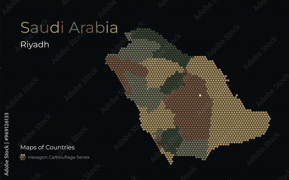 Saudi Arabia Hexagon Map with Camouflage Color Regions, with capital ar ...