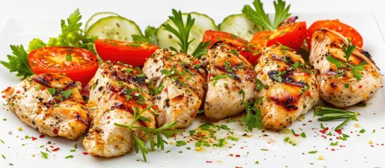 Poster - Delicious grilled chicken accompanied by fresh tomatoes on a plate. with copy space image. Place for adding text or design