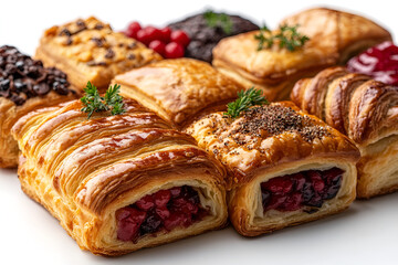 An assortment of pastries displayed on a white background, showcasing various shapes and textures for visual appeal.