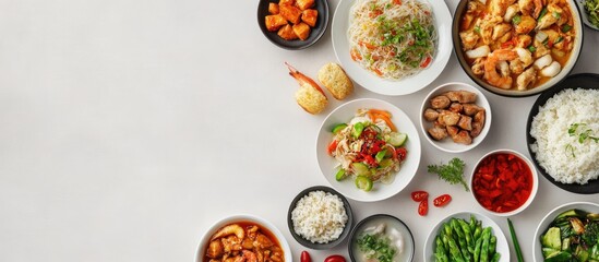 Fototapete - Variety of Chinese dishes arranged on a light background Concept of traditional cuisine Asian style feast Top view flat lay copyspace