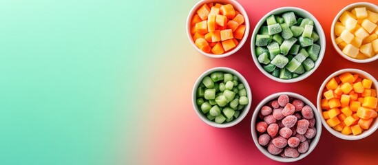 Poster - Bowls of frozen vegetables on a colorful background. with copy space image. Place for adding text or design