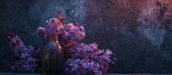 Poster - Lilac jar filled with a smooth white cream along with white flowers inside Spirea twigs with blossoms and green leaves are scattered around it Dark background Copy space