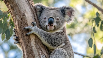 Poster - A close-up of a koala clinging to a tree branch in a natural setting.