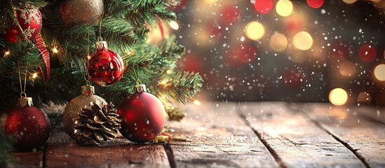 Poster - Christmas tree and decorations on a wooden surface New Year baubles on wood wooden table Xmas adornments. with copy space image. Place for adding text or design