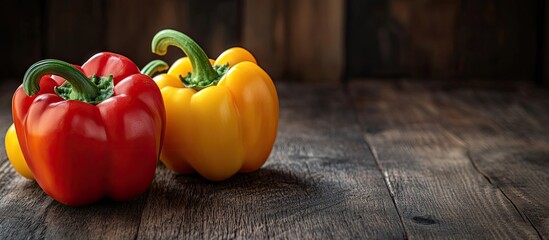 Fototapete - Three vibrant bell peppers are placed on the wooden table The photo features dark tones of yellow red and orange capsicums. with copy space image. Place for adding text or design