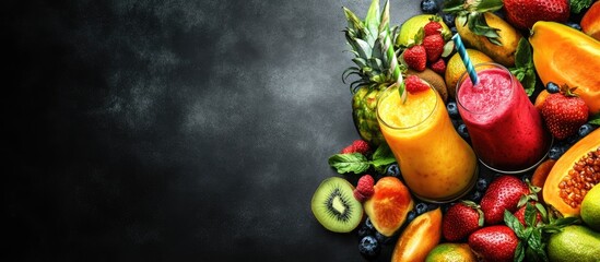 Poster - Smoothies made from fresh tropical fruits chalkboard background. with copy space image. Place for adding text or design