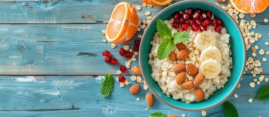 Poster - Oatmeal topped with fresh tangerine slices pomegranate seeds ground almonds and mint in a blue bowl on a white wooden background Copy space Top view