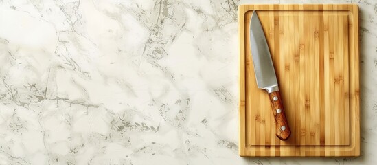 Aufkleber - Bamboo kitchen cutting board set blank for copy space for text or food top view flat lay on a white stone table background