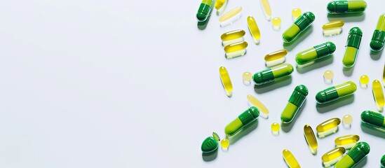 Aufkleber - Green and yellow pills or capsules on a white background with copy space Prescription medication for treatment Pharmaceutical drug remedy in a container for health Antibiotic