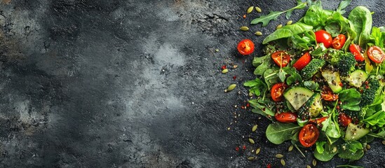 Leinwandbilder - Healthy lifestyle food idea featuring a mixed vegetable salad and seeds on a rustic stone surface with copyspace