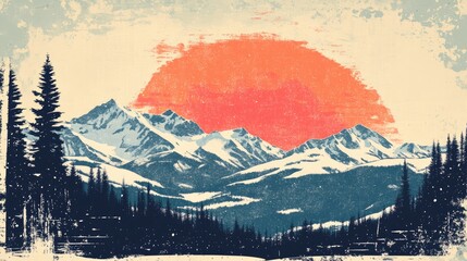 Wall Mural - Retro illustration of a beautiful winter landscape featuring snow covered mountains and a scenic view