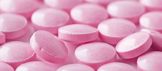 Aufkleber - Close up top view of oval shaped bright pink pills on a white background. with copy space image. Place for adding text or design
