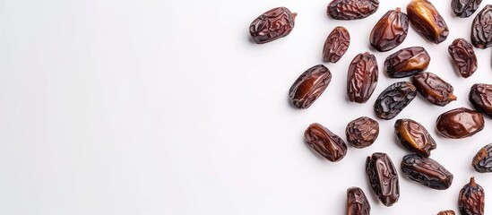 Fototapete - Dried date palm fruits or kurma are Ramadan Ramazan food on a white background Copy space for text Top view Isolated