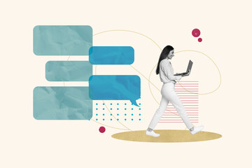 Poster - Trend artwork composite sketch photo collage of online meeting woman walk hold work laptop read talk speech cloud bubble dialog textbox