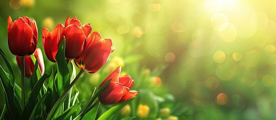 Poster - Easter Spring Flowers bunch Stunning bouquet of red tulips A graceful Mother s Day gift set against a softly blurred green nature background Springtime Copy space