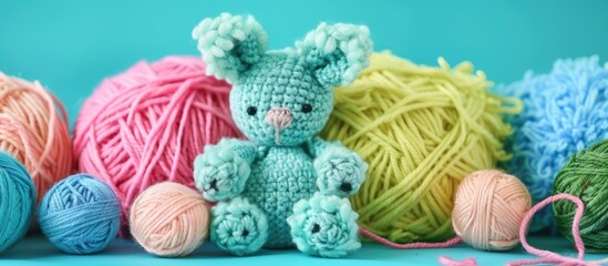 Poster - Vibrant yarn balls in bright colors alongside a pastel green stuffed bunny set against a blue background This showcases the concept of amigurumi toy creation handcrafting knitting and hobbies