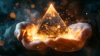Poster - a glowing golden pyramid held in hands with swirling sparks in a dark atmosphere, symbolizing mystic