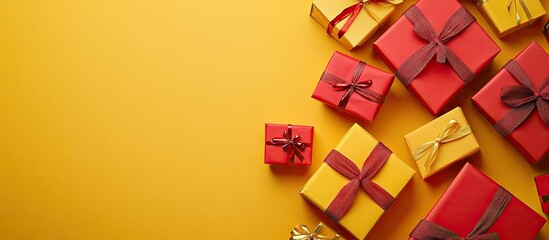 Poster - Gifts adorned with red ribbon set against a yellow background with copy space available Two present boxes viewed from above Relevant for Valentine s Day love spring holidays Christmas and birthdays