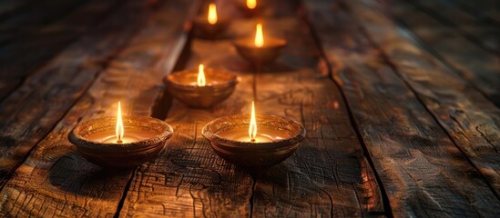 Poster - Buddhism Utilizing candles Yantra and the mantra in Sanskrit Om tare tuttare ture svoha which translates to thank Green Tara on a dark wooden background from a top view with copy space