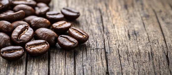 Wall Mural - Close up of coffee beans on a wooden table Copyspace for text and content