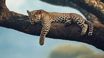 Canvas Print - A leopard lounging on a tree branch, showcasing its beautiful spotted coat.