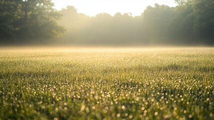 Poster - A serene morning scene with dew-covered grass and soft sunlight filtering through trees.