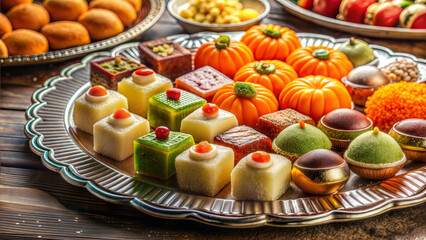 Vibrant Indian Sweets on a Traditional Silver Platter, Soft Natural Light, Festive Atmosphere