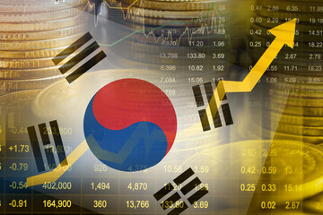 South Korea flag with stock market finance, economy trend graph digital technology.