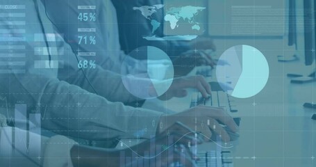 Poster - Animation of financial data processing over diverse colleagues using phone headsets and computers