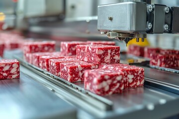 Canvas Print - Meat Cubes on a Conveyor Belt in a Food Processing Plant