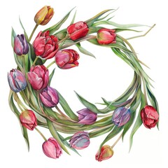 Wall Mural - Colorful Tulip Wreath Illustration - Elegant Floral Spring Design