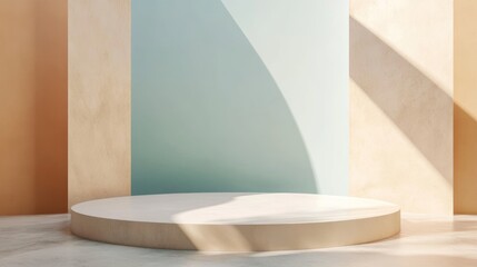 Wall Mural - Minimalist White Platform with Beige and Blue Walls