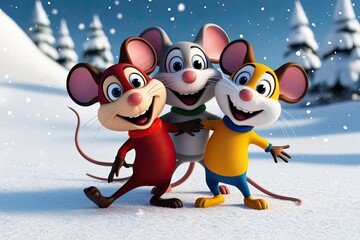 Wall Mural - 3D Cheerful Cartoon Mice Playing on Snowy Background