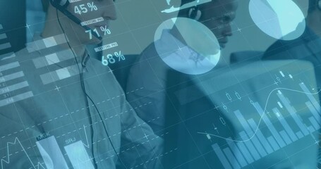 Poster - Animation of financial data processing over diverse colleagues using phone headsets and computers