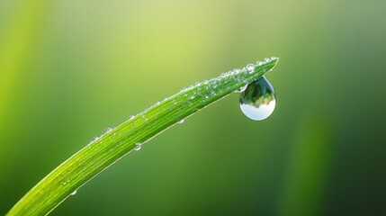 Wall Mural - A close-up of a dewdrop on a green blade of grass, highlighting nature's beauty.