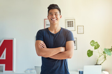 Poster - Portrait, smile and Asian man with arms crossed in office for opportunity, pride and career growth. Face, happy and confident creative professional and business publisher at startup company in Japan
