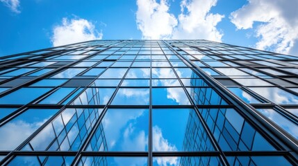 Wall Mural - A modern glass building reflecting the sky and clouds, showcasing contemporary architecture.